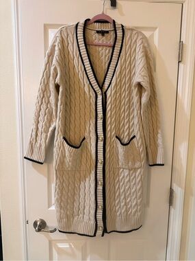Fore Long Cream Cable-Knit Cardigan with Black Trim - Elegant Button Front